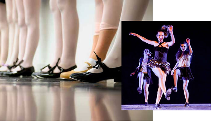 cartaz com três mulheres sapateando, dancarinos ao fundo com sapatos equipados com taps